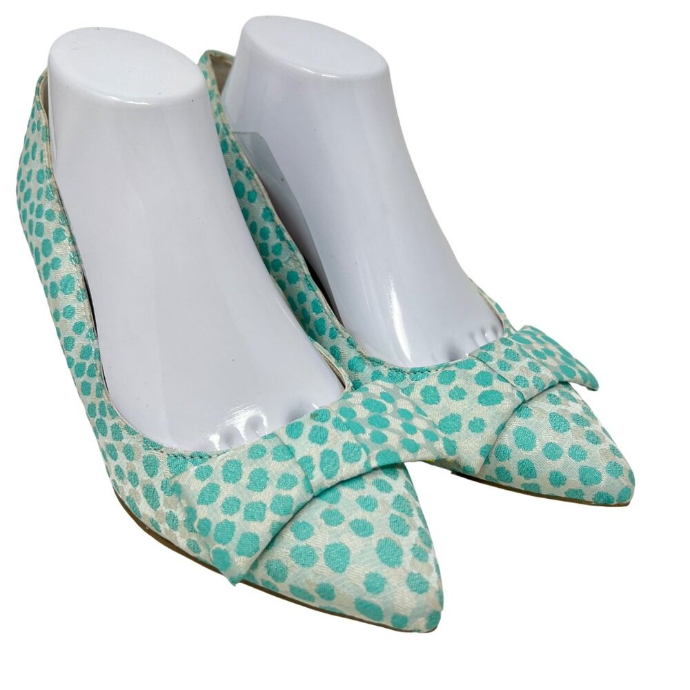 Anne Klein‎ i-flex Fredia Pointed Toe Pump White Aqua Dots Fabric Bow Accent 9M - Picture 2 of 8
